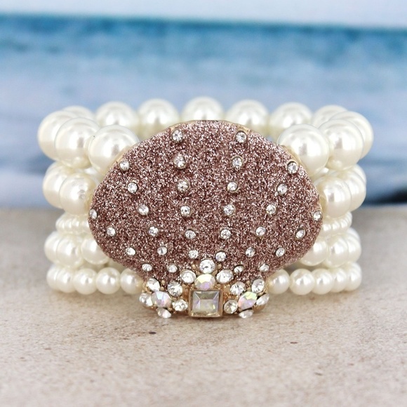 Seashell Ocean Glitter Pearl Multi Strand Bracelet - Picture 1 of 6